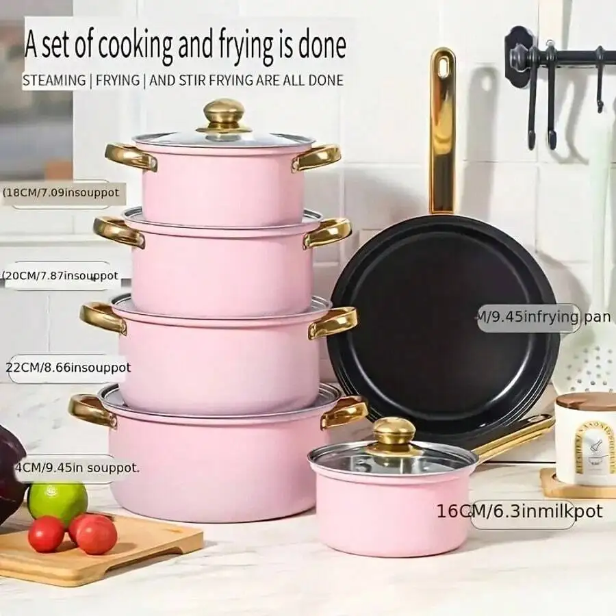 18PC Pink / Dark Red Kitchen Cookware Set-Heat Resistant Lacquer Kitchen Ware Pots Pan Set - Saucepot, Pans, Cooking Pot Oven Po