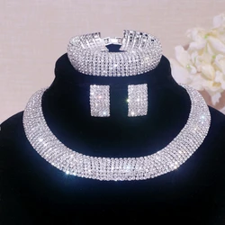 Luxury Classics Multilayer Rhinestone Necklace Earrings Bracelets Set for Women Silver Color Wedding Crystal Bridal Jewelry Sets