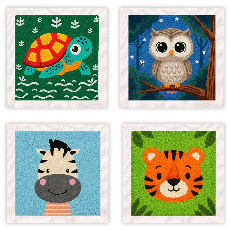 

Cartoon Animal Punch Needle Kit for Adult Beginners 25x25cm Starter Set with Embroidery Frame Funny DIY Craft Sewing Project