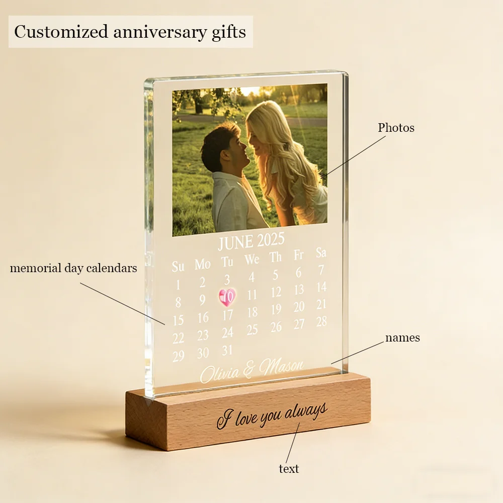 

Valentine Day Personalized Custom Photo Memorial Calendar Acrylic Ornament LED Night Light Couple Memorial Romantic Gifts Home