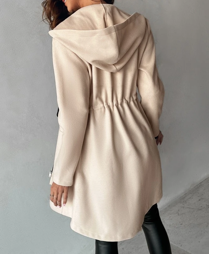 Coat Woman Winter 2023 New Pocket Zipper Design Drawstring Hooded Coat Daily Casual Long Sleeve Hooded Plain Jacket