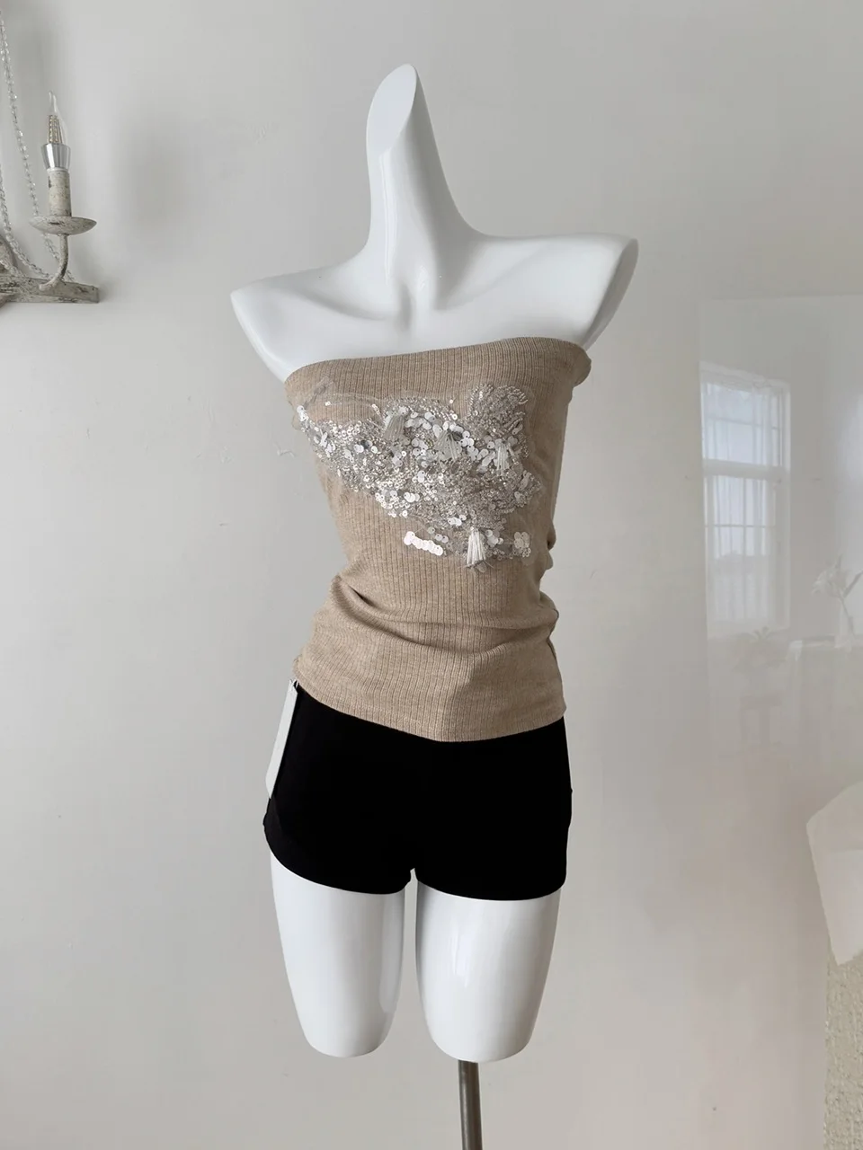 

Pure Desire One oulder Tube Top Knitted Vest Heavy Sequin Slim Fit Top Women's Faion Set Summer 2025 ort Pants