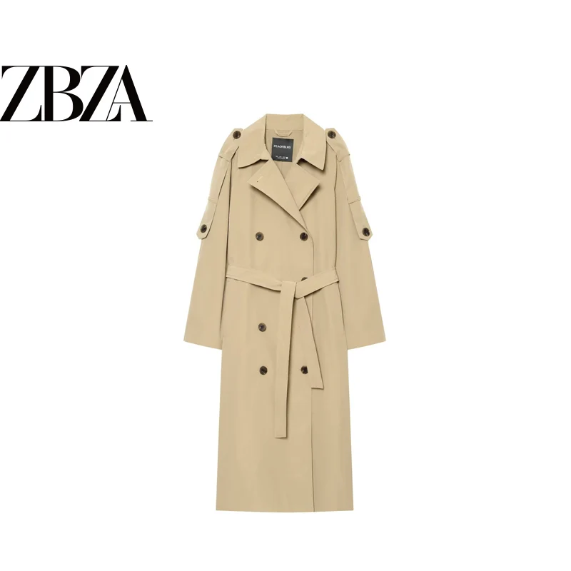Fashionable Pure Color Double Buttoned Belted Windbreaker Jacket ZR Women's Outerwear Versatile Stylish Synthetic Leather Coat