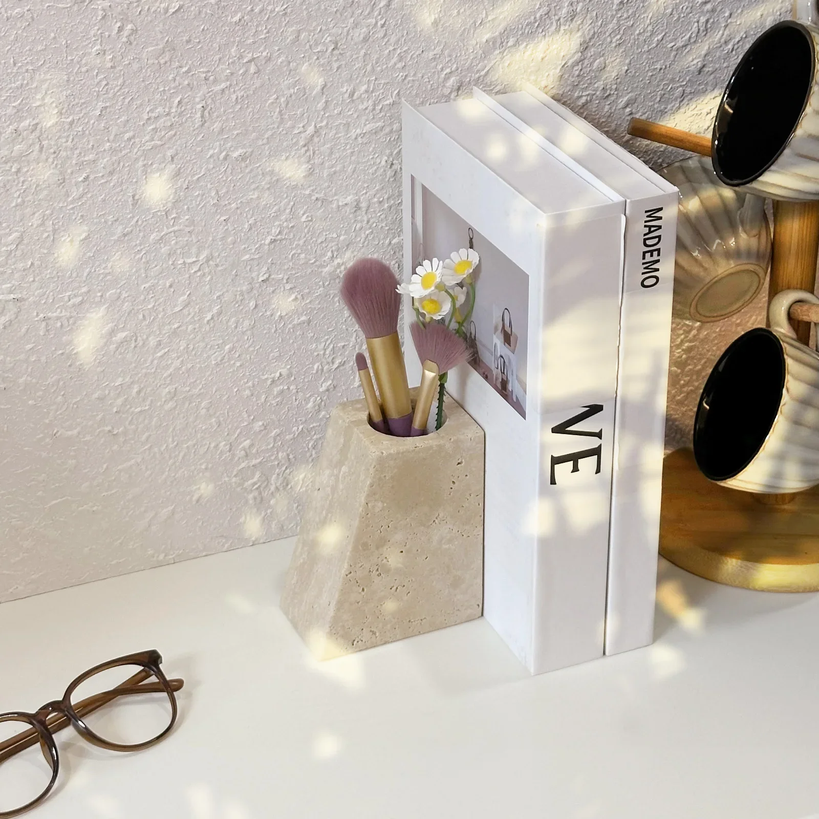 Travertine Trapezoidal Pen Holder and Bookend, suitable for desktop storage of makeup brushes, lipsticks, perfumes, and pens.