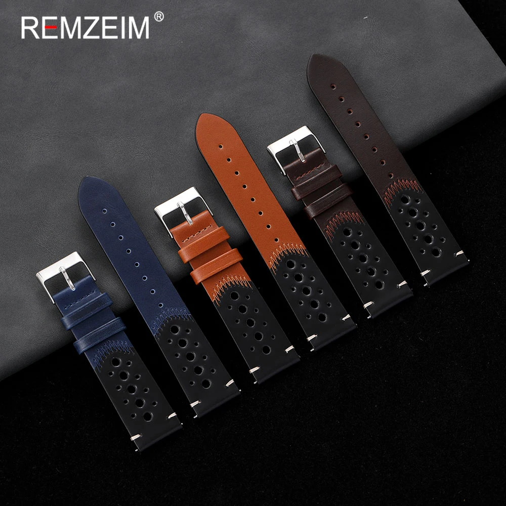 Personalized Stitched Oil Waxed Leather Strap 20mm 22mm Quick Release Business Comfortable Genuine Calfskin Watchband