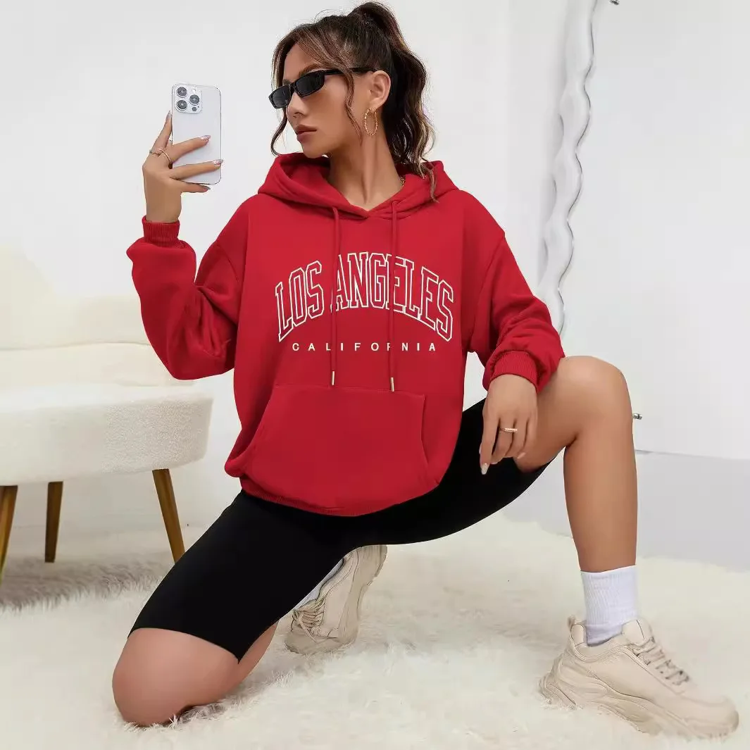 2026 Damen-Hoodies Los Angeles Kalifornien Buchstaben-Print Taschen-Hoodie Lässiger Oversize-Pullover mit Langen Ärmeln Neu im Sweatshirt-Bereich – Detail 3