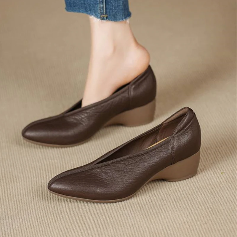 

Винтажные женские туфли-лодочки из натуральной кожи на высоком каблуке 4,5 см, весенняя обувь, модная офисная обувь с острым носком, повседневная, нарядная, мягкая, удобная, DN52