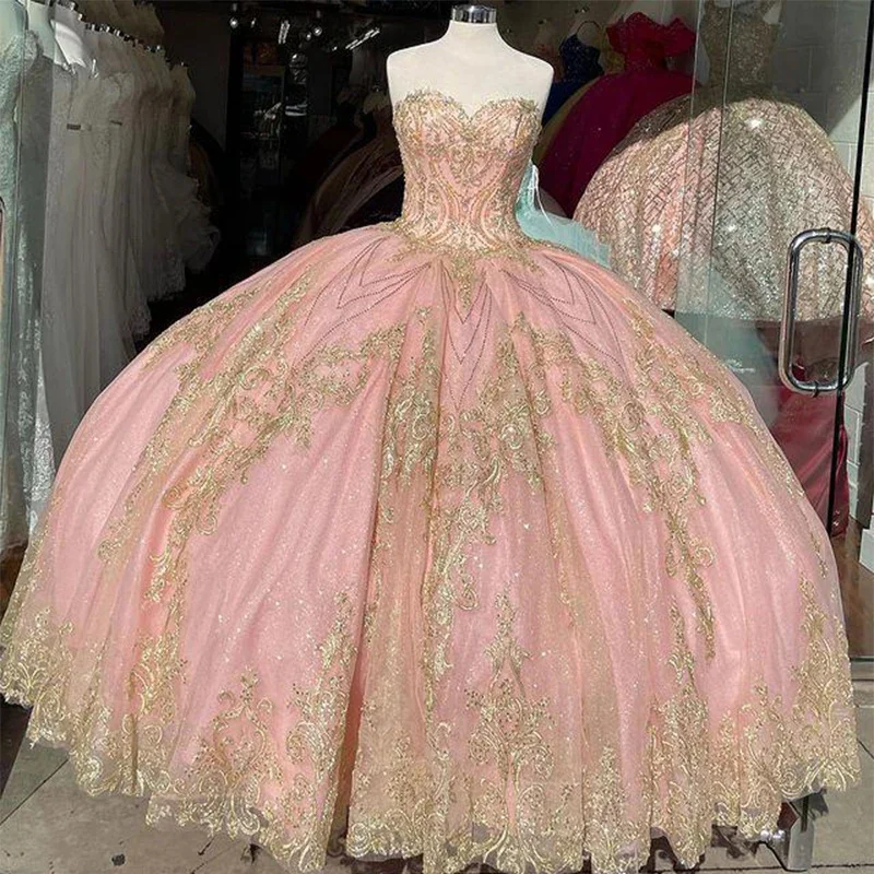 

Gold Accent Blush Sweetheart Ball Gown Quinceanera Dresses Corset Lace-up Top Puffy Ruffles Skirt Princess Vestidos de Quinceañe