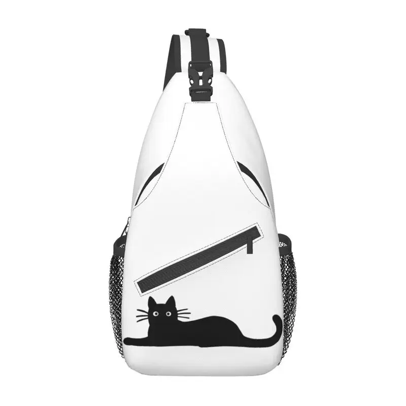 Mochila cruzada con estampado de gato negro para hombre, bolso de hombro y pecho personalizado con dibujos animados divertidos, ideal para viajes, senderismo y día