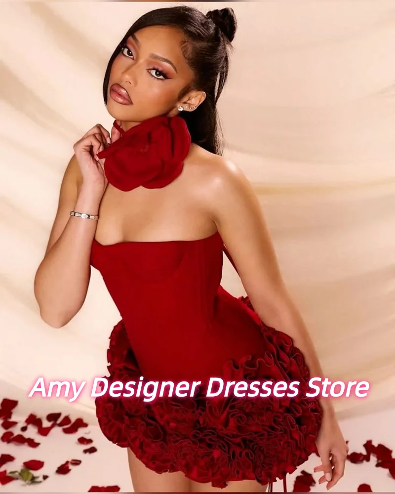 Wine Red Strapless Birthday Dresses With Tiered Flower Ruffles African Mini Prom Gown For Women Homecoming Dress 2025 Customized