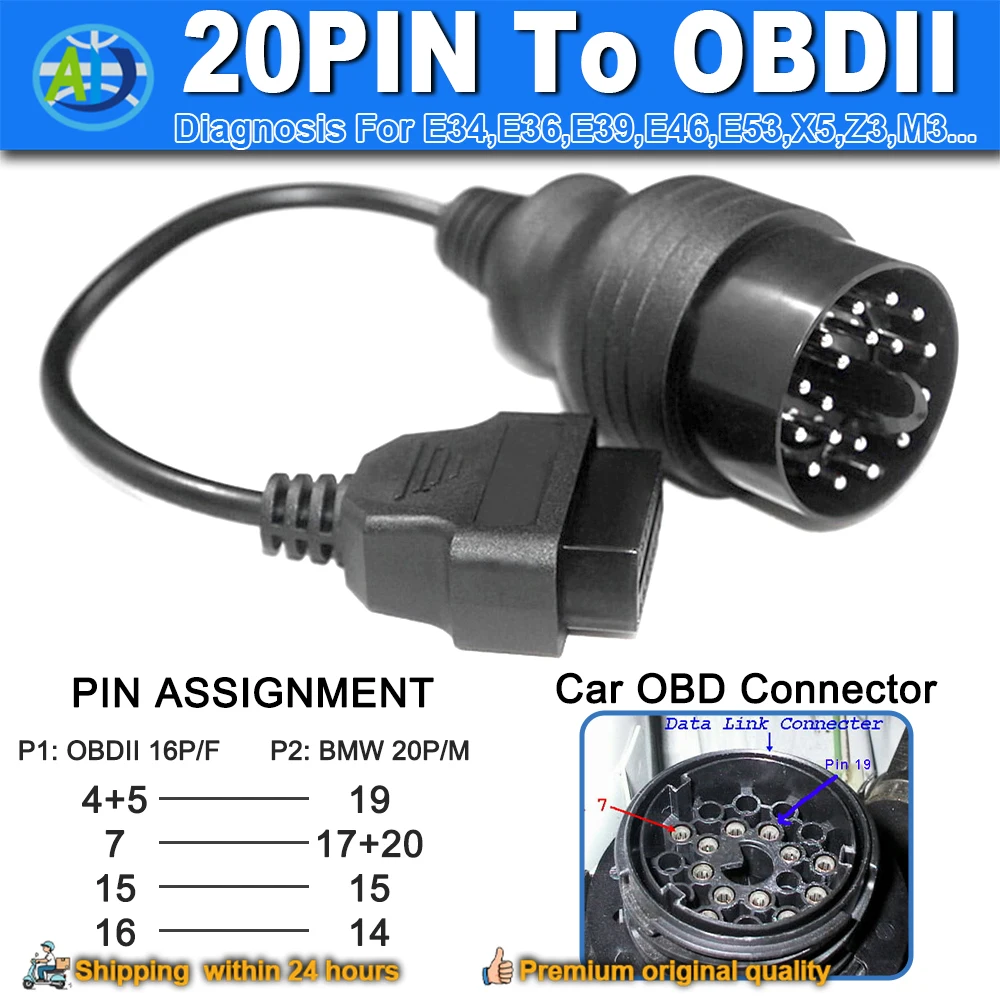 20 Pin OBD to OBD2 Cable For E31/E32/E34/E36/E38/E39/E46/E53/X5 Before 2001 K-Line OBD2 Diagnostic Cable 20PIN Connector Adapter