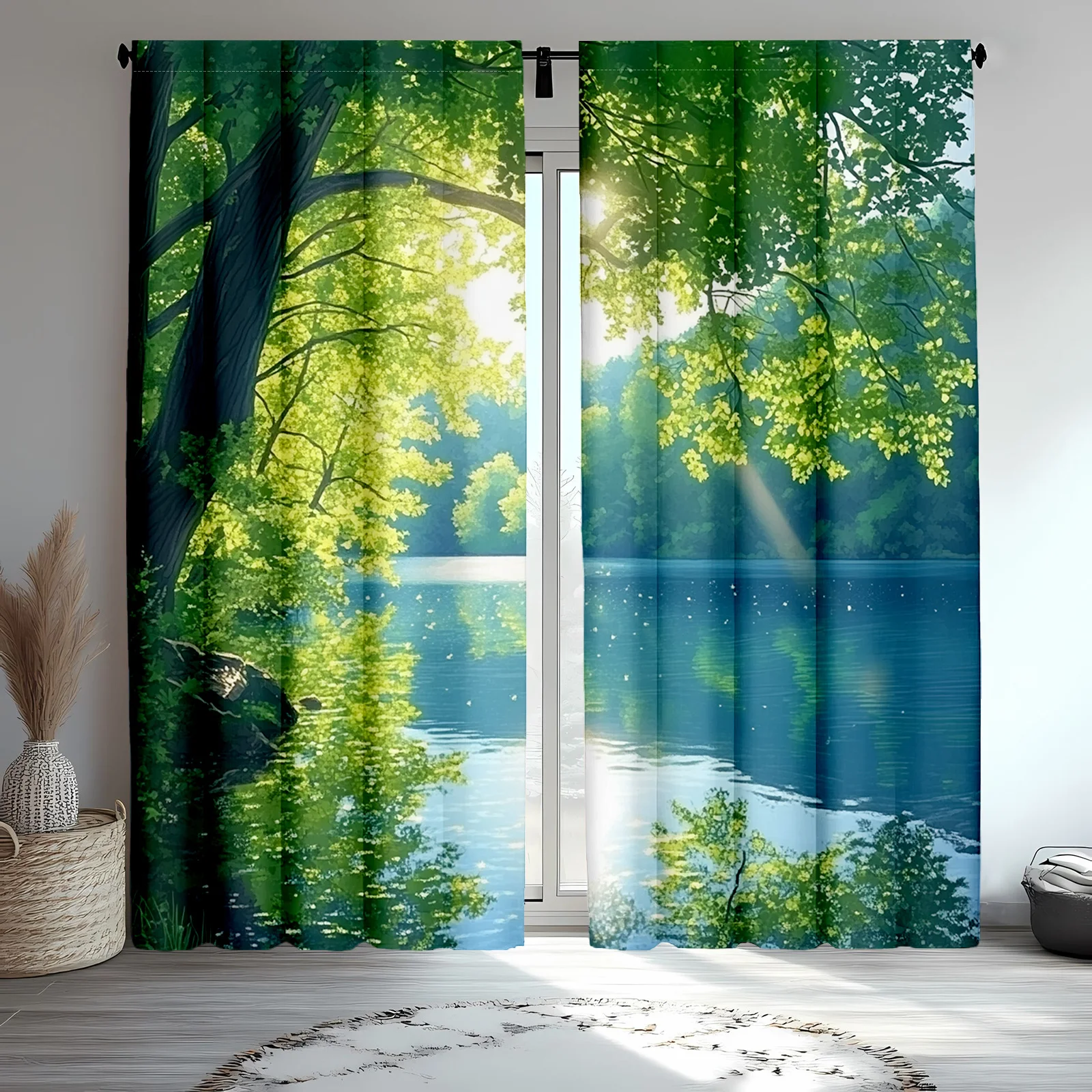 2pcs Lake Forest Print Curtains Nature Scenery Sunlight Through Trees Pattern Polyester Window Drapes for Living Room Bedroom