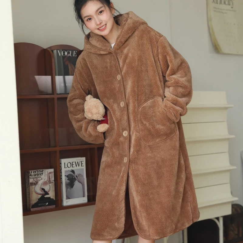 Thickened Coral Fleece Nightgown Hooded Large Pocket Cardigan Robe Loose Oversize Mid-Length Warm Pajamas Home Clothes Women