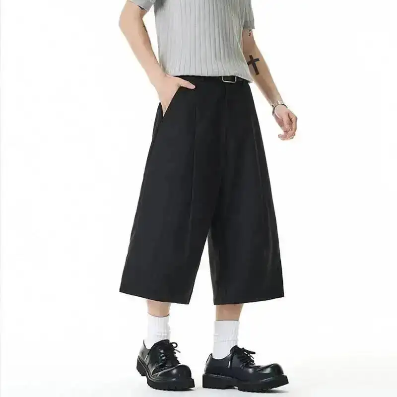Formal Men's Pleated Shorts Korean Style High Waist Loose Wide Leg Casual Black Knee Length Pants Summer New 9XGDZT