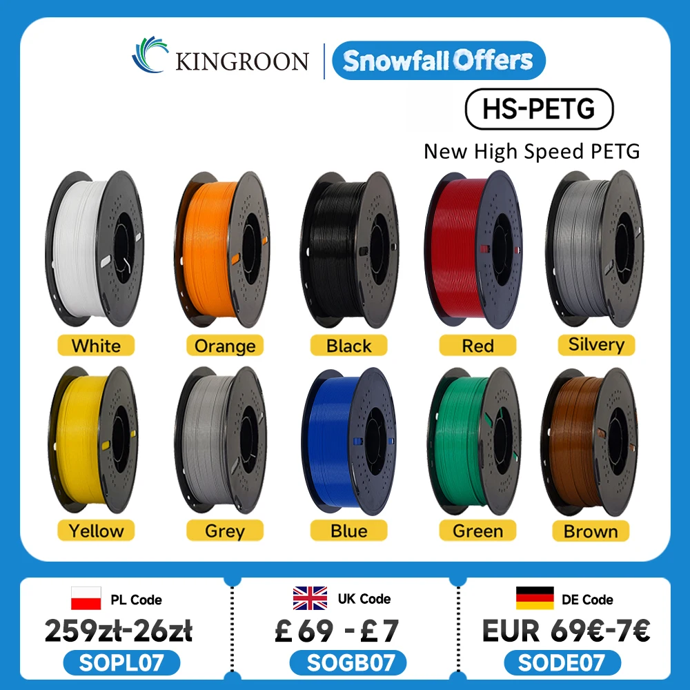 

KINGROON Newest HS-PETG 3D Printer Filament 1.75mm High Speed 3D Printinng Material Hyper PETG 5KG 10KG Mix Color