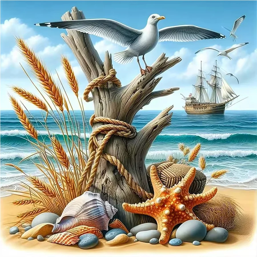 Diamond painting Seaside Landscape diamond Embroidery Fabric Boat Special 5D mosaic Dead wood pile seabird, starfish conch decor