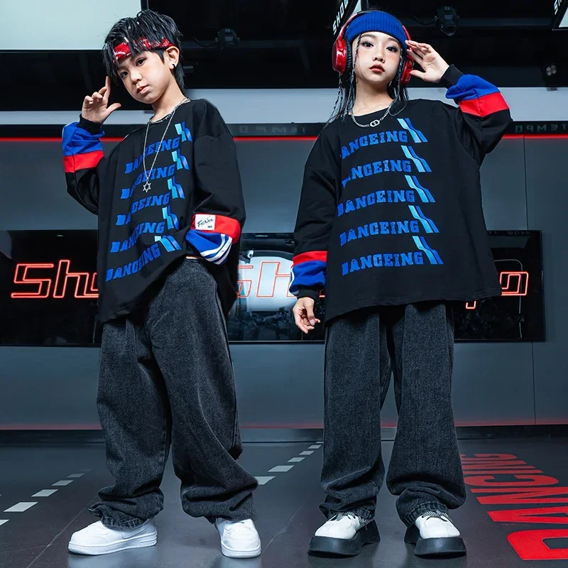 

Kids Hip Hop Clothing Print Oversize Sweatshirt Casual Cargo Pants Streetwear Joggers for Girl Boy Jazz Dance Costume Clothes