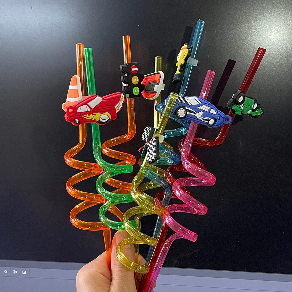 8Pcs Race Car Drinking Straws Hot Wheel with Reusable Vehicle Plastic Straws Boys Race Car Wheels Birthday Party Favors Supplies