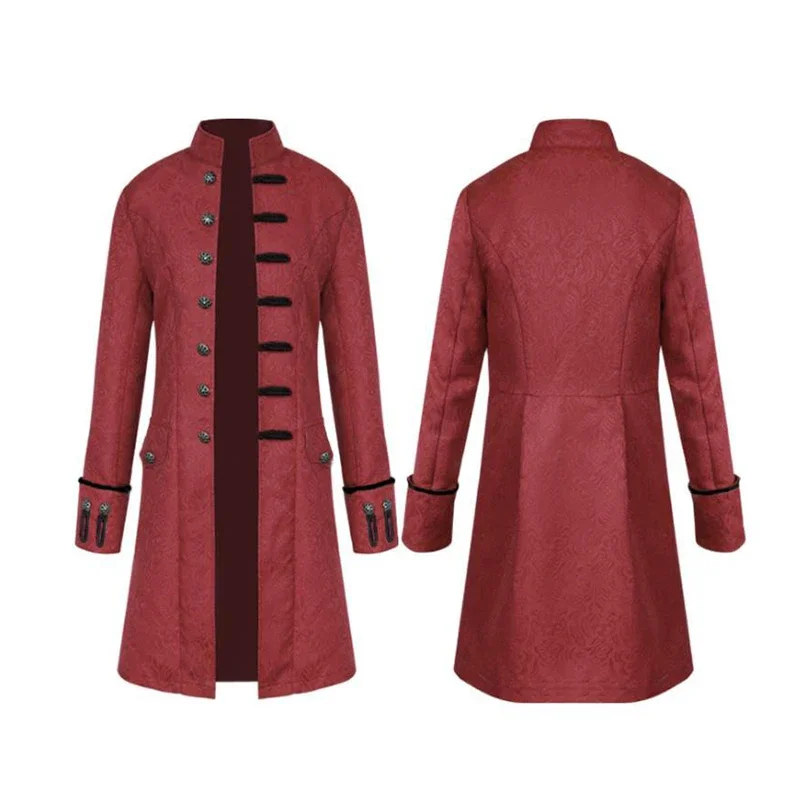 Medieval Renaissance Jacket Cosplay Costume Men Dark Red Victoria Steampunk Trench Coat Frock Outwear Vintage Prince Overcoat