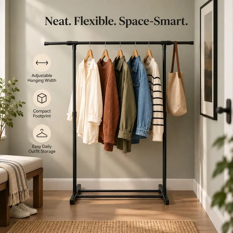 Multi-Functional Minimalist Freestanding Adjustable Clothing Rack With Expandable Hanging Rod, Minimalist Freestanding Garment O