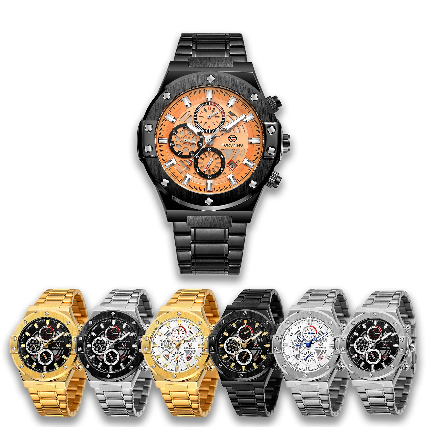 Forsining Multifunctional 3 Dial Calendar Display Mens Automatic Mechanical Sport Wrist Watches Metal Band 3ATM Waterproof Gift