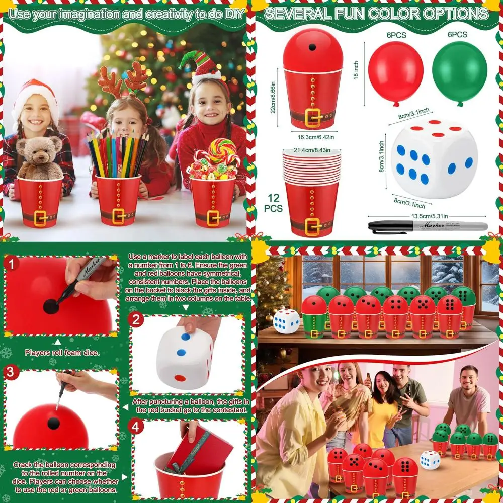 

Complete 26-Piece Christmas Game Kit: Santa Hat, Dice, Balloons, Markers for Festive Family Gatherings