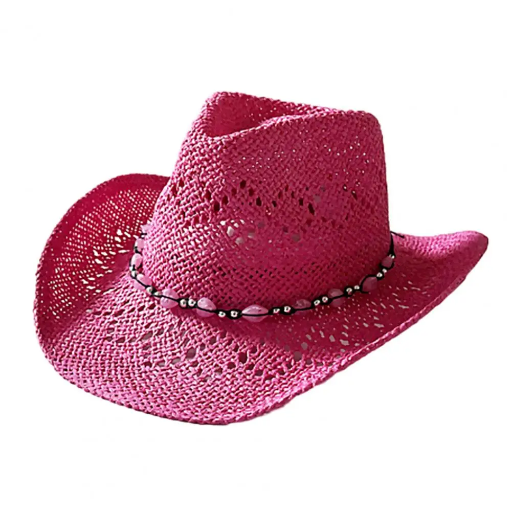 Summer Straw Hat Hollow Out Foldable Adjustable Bead Decor Curled Edge Windproof Strap Western Cowboy Style Bucket Hat