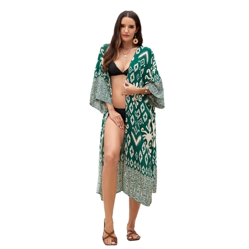 Cardigans Kimono plage imprimé géométrique pour femmes, ouvert devant, Cover-Up pour les maillots bain, décontracté, haut