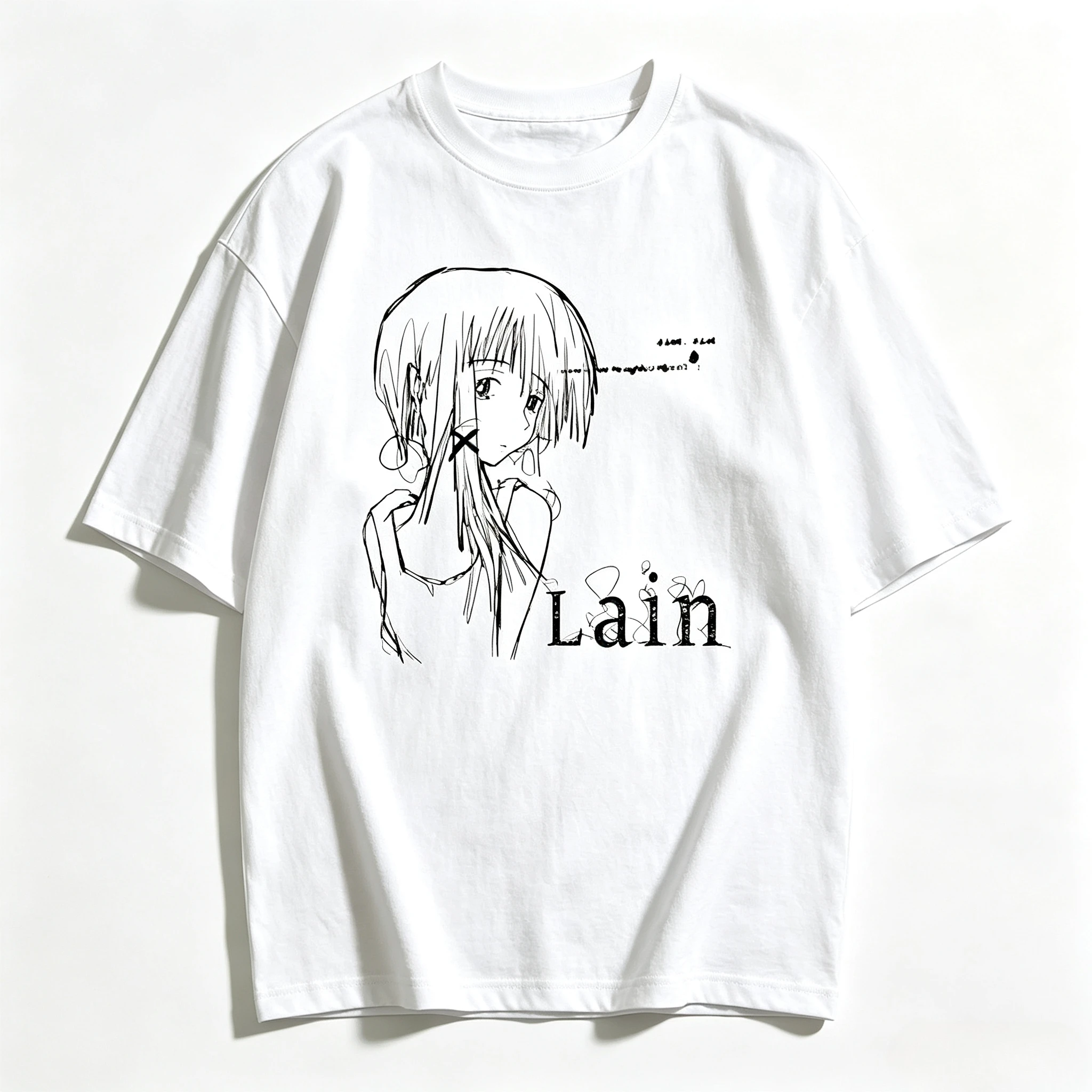Modal Men Oversized T‑Shirt Serial Experiments Lain Sketch Anime Graphic Print Short Sleeve Streetwear Casual Loose Tees