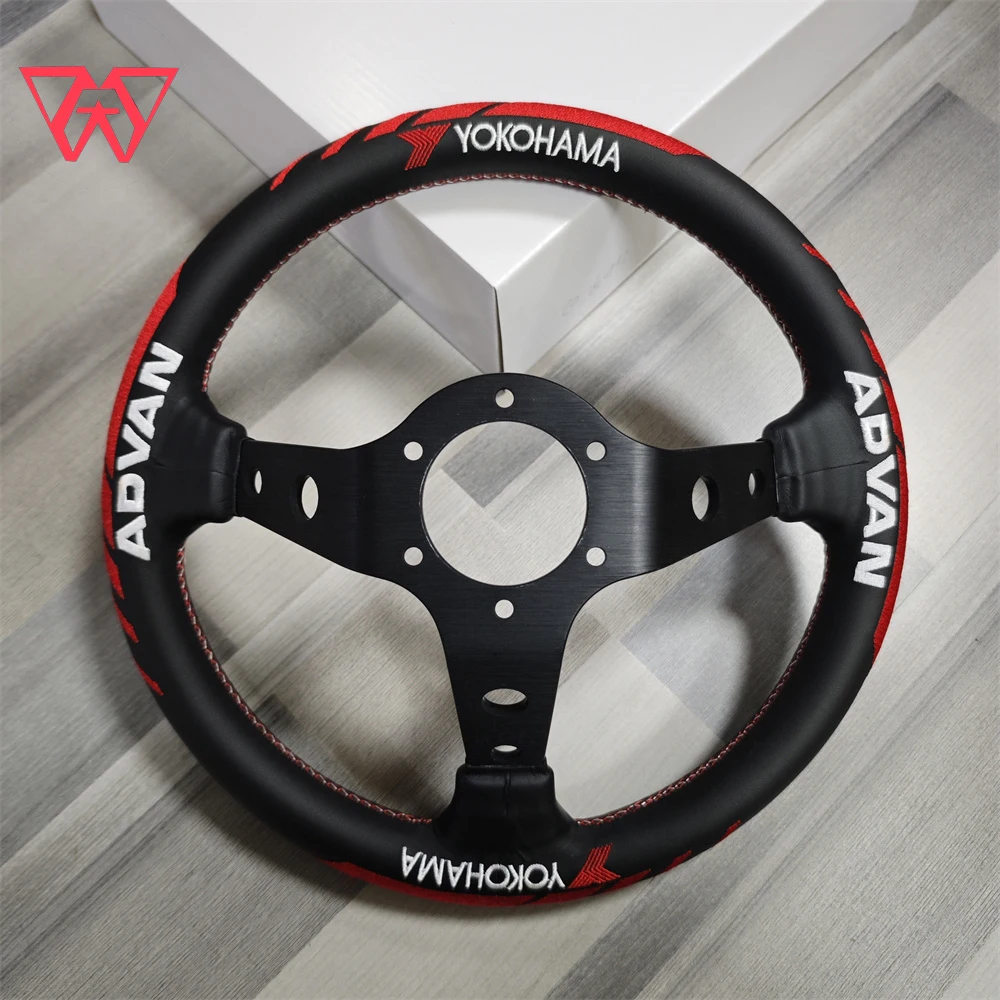 Vertex Microfiber Leather Steering Wheel Red White YOKO Text Embroider Deep Dish Steering Wheel Racing Simulator Steering Wheel