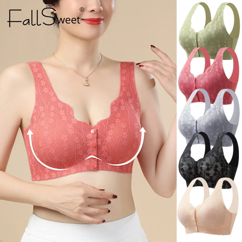FallSweet Kabelloser BH mit Vorderverschluss für Damen, Übergröße, Spitze, nahtlos, bequem, atmungsaktiv, Bralette, Unterwäsche, Mutter-Dessous