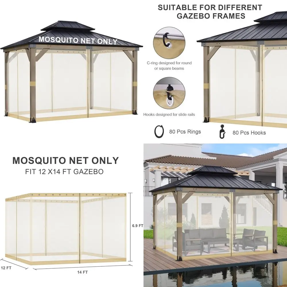 

Universal Mosquito Netting Replacement for 12x14 Outdoor Gazebos, 4-Panel Screen Walls with Double Zippers, Suitable for Patio P