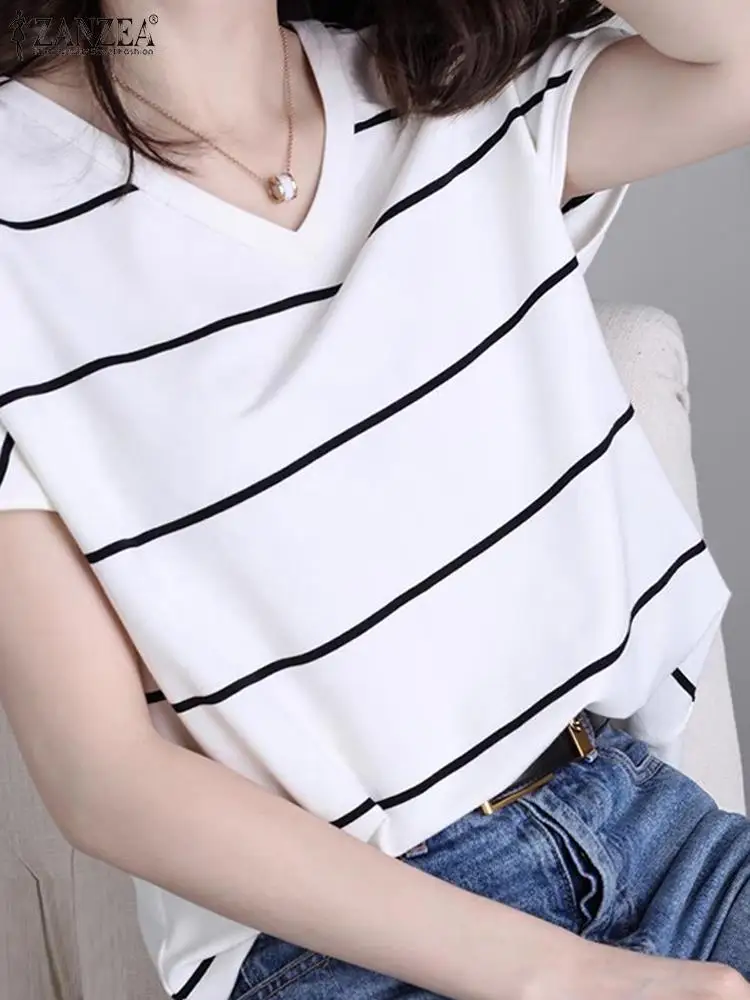 ZANZEA Casual Loose Tops Elegant Summer Tees 2024 Women Striped T Shirt Fashion Short Sleeve V Neck T-Shirts Blusas Oversized