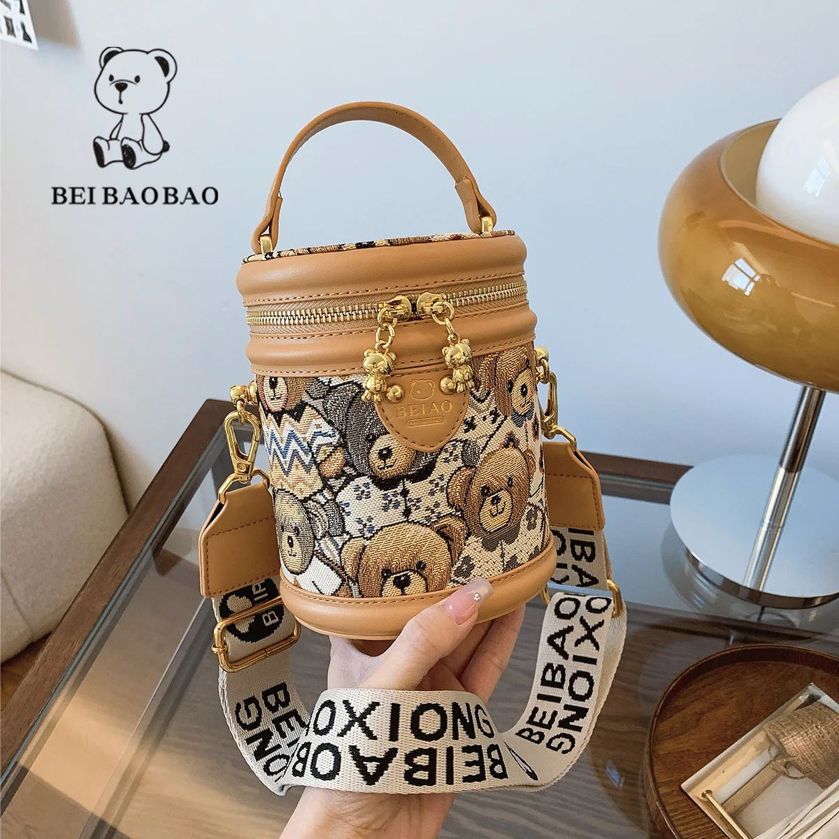 Beibaobao Women\'s Bag Canvas Little Bear Design Cylindrical Bag New Casual Fashion Handbag Versatile Shoulder Bags Crossbody Bag