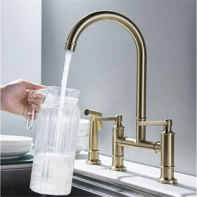 Tuqiu Brushed Gold Kitchen Faucet with Hand shower Head Pot Filler Tap Deck Mounted Hot Cold  Black Sink Tap Spout  Brass