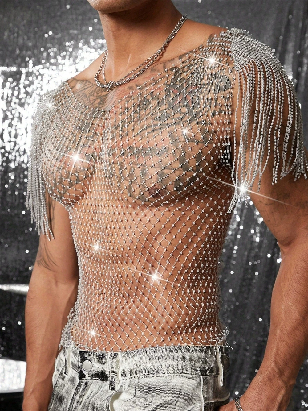 Tank Tops Shiny Rhinestone Fishnet Hollow Out Top Men Mesh See Through Tassel T-Shirt Man Party Clubwear Transparent Vest