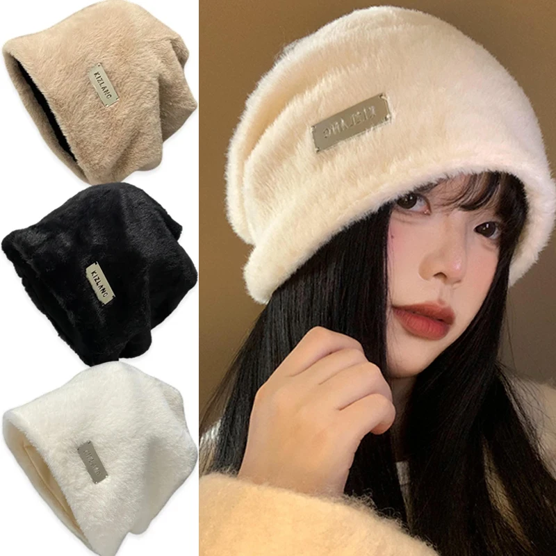 2024 New Fashion Rabbit Fur Y2k Beanies for Women Soft Warm Fluffy Angola Winter Hat Female Windproof Bonnet Hat Skullies Cap