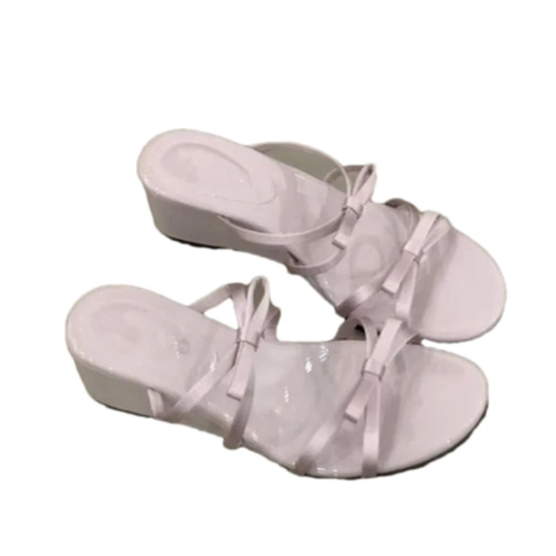 Wedges Sandal Hak Sedang Sepatu Wanita Macan Tutul Elegan Pita 2025 Sandal Musim Panas Mode Gaun Pump Sandal Jepit Sandalias De Mujer