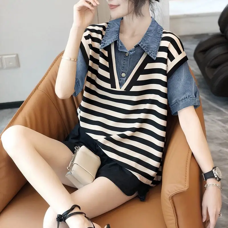 Fashion Female Denim Spliced Striped Fake Two Pieces Tops 2023 Summer Women\'s Clothing Polo-Neck Casual Short Sleeve T-shirt