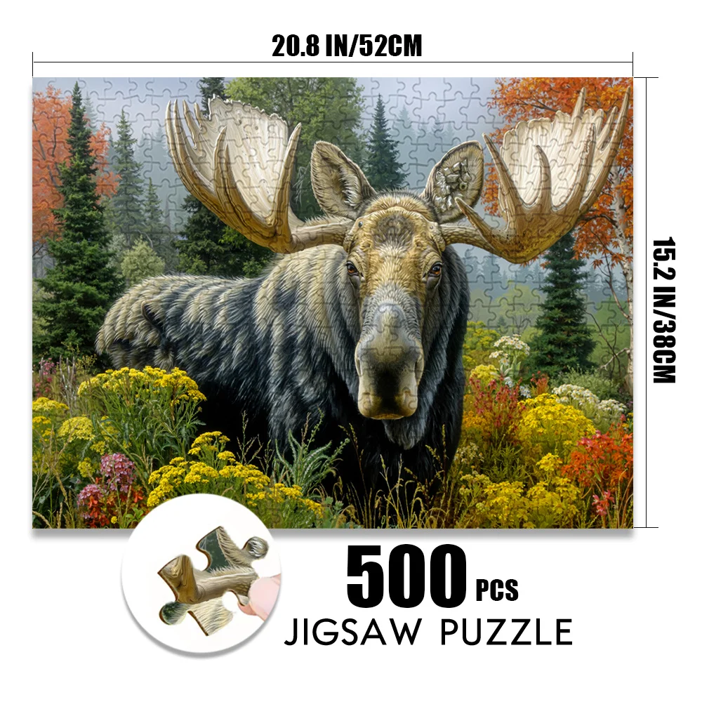 1000피스 성인용 직소 퍼즐, 27.56x19.69인치 대형 사이즈, 무스와 꽃밭이 있는 자연 숲. 종이 조각 그림 맞추기 퍼즐