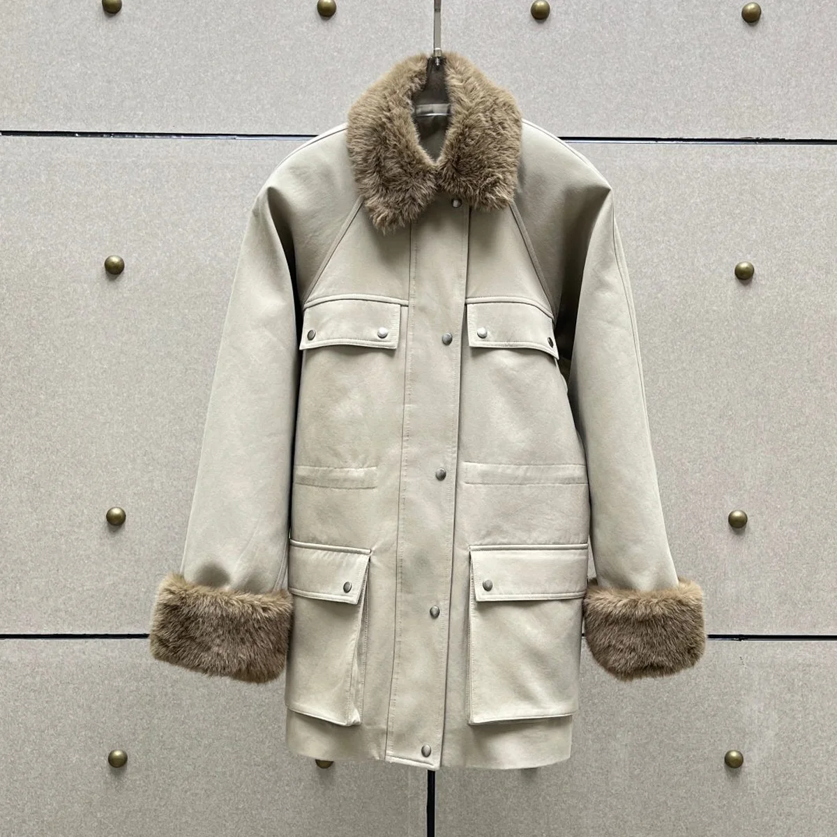 High Quality Women Winter Parka Coat, Collar & Cuff Fluffy Trim, Drawstring Waist Multi Pockets Mid Length Warm Outerwear