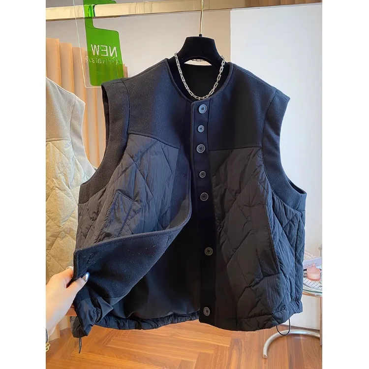 

European Design Loose Woolen Patchwork down Jaet Women's Winter New Casual Svel Vest Coat Korean Sle round Ne