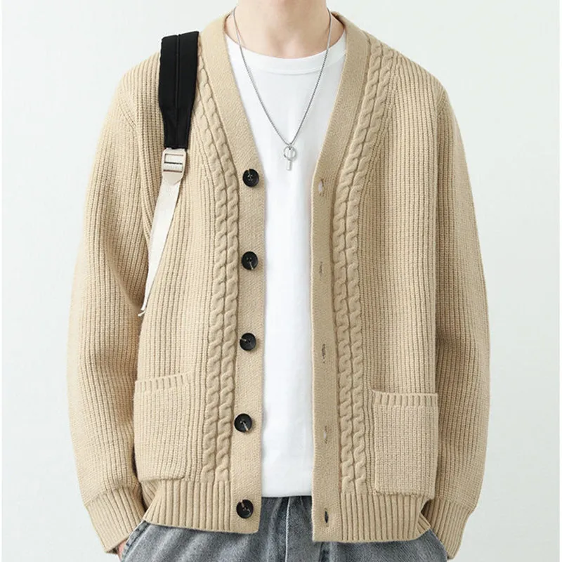 

Мужской повседневный вязаный кардиган с V-образным вырезом, весна-осень, простой, в японском стиле, с длинными рукавами, из смесового полиэстера
