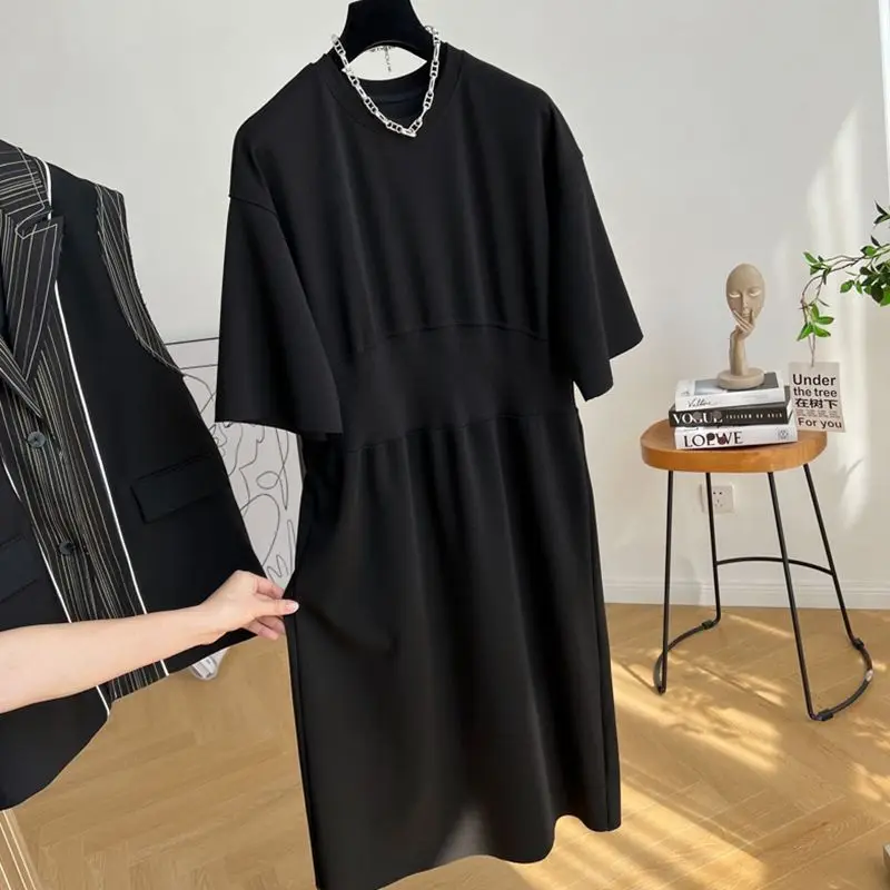 Women Knee Length T-shirt Oversized Casual Solid Tunics Summer Chic Patchwork Basic Loose All-match Long Pullovers