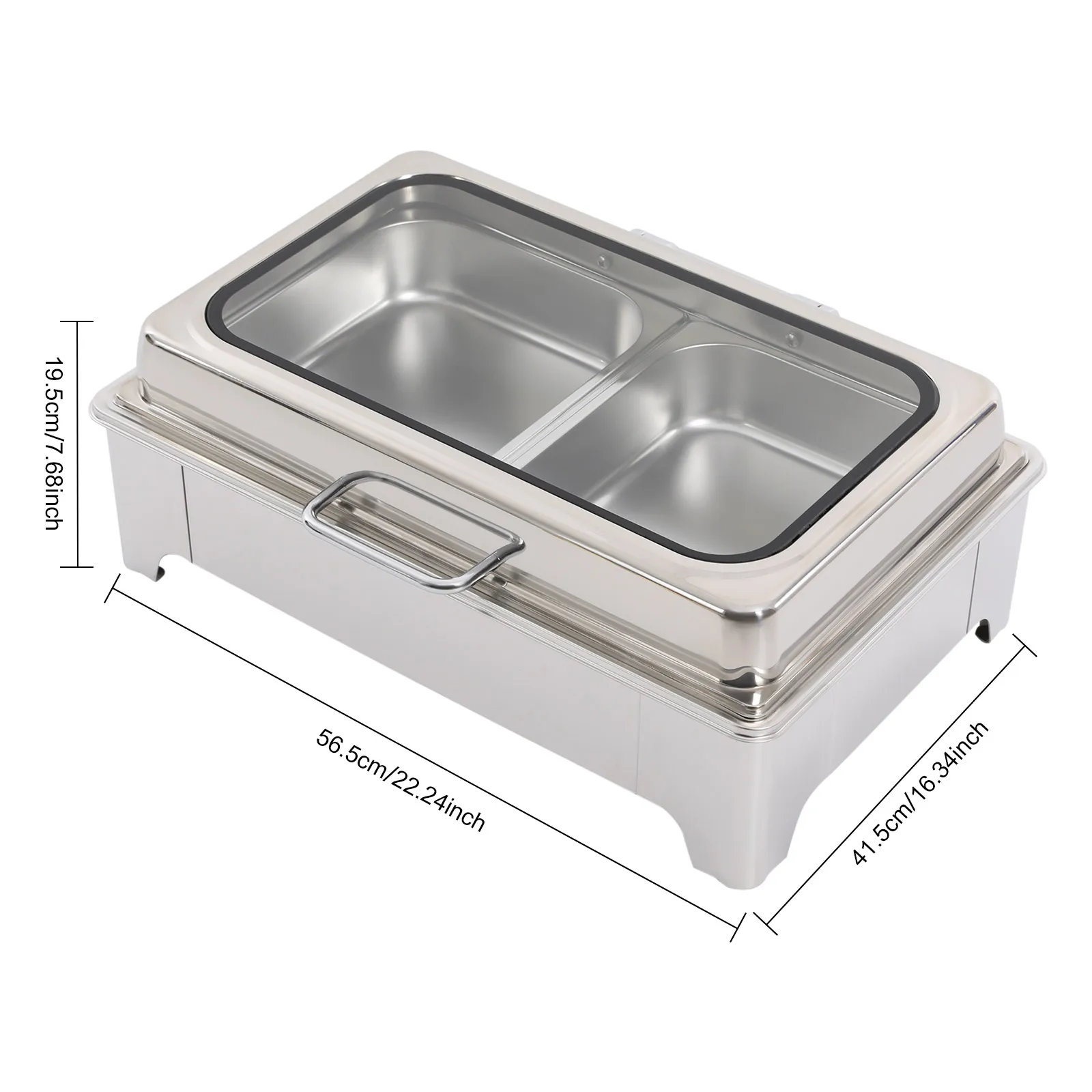 Rectangular Electric Chafing Dish, 110V 400W 9L Dual Food Pan Buffet Warmer 9-speed Temp Control Hydraulic Glass Lid 35-80℃ Catering Food Server