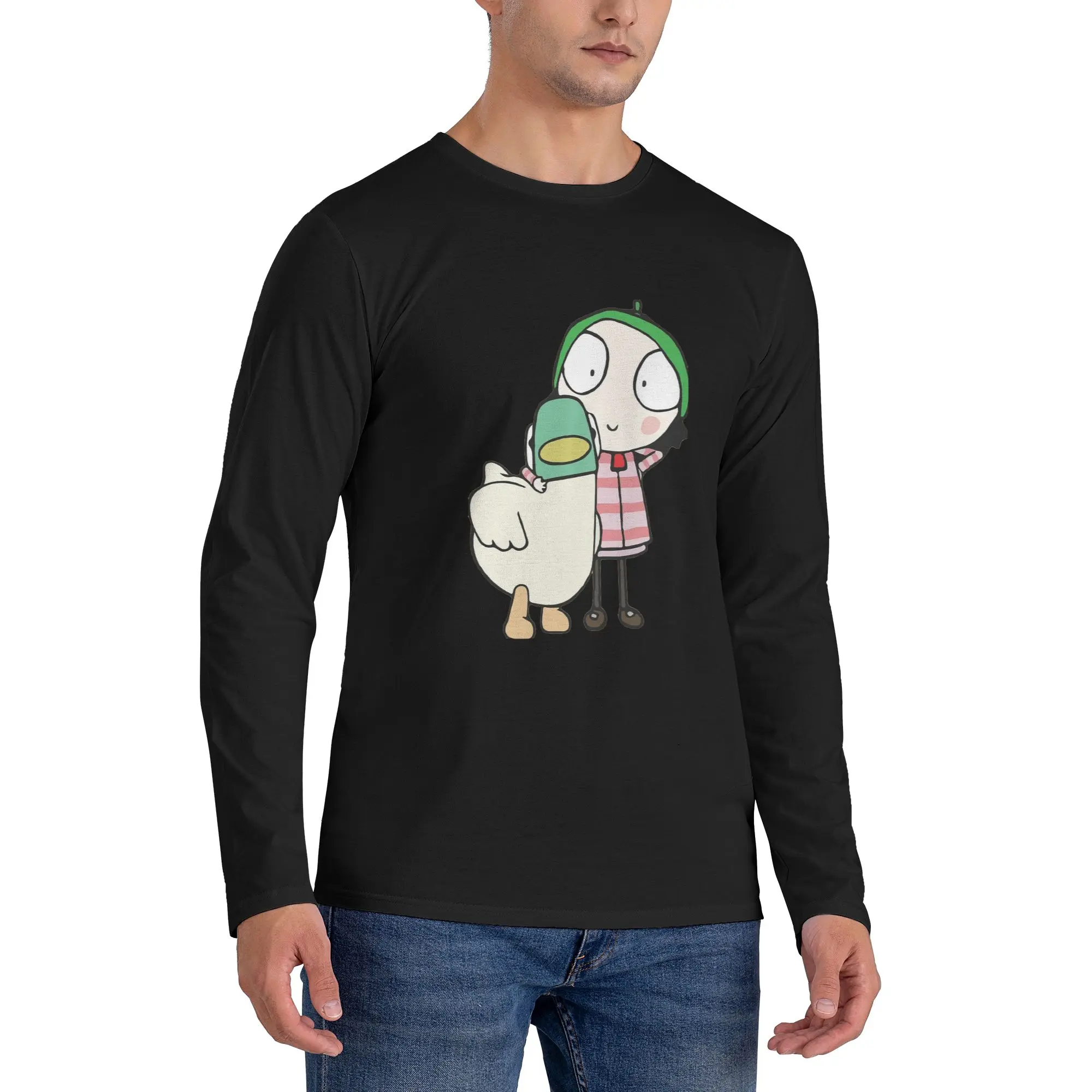 

Sarah and Duck having fun Men's Long Sleeved T-shirt Casual Round Neck T shirts Spring and Autumn Men tops