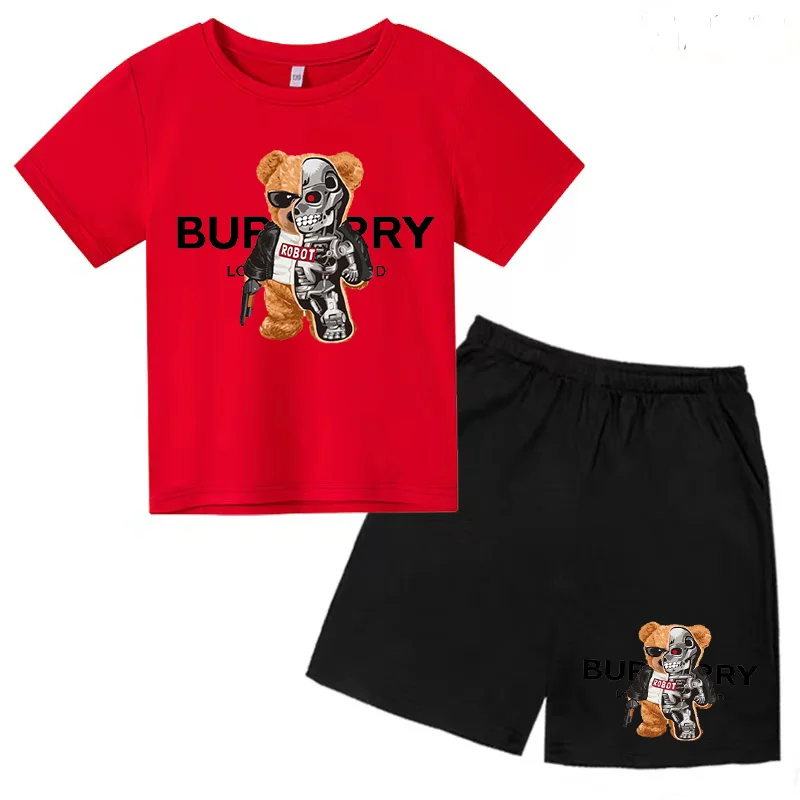 Children's Bear Print T-shirt 3-12Y Boys Girls Preschool Birthday Gift Top + Shorts 2P Brand Sports Jogging Charming Casual Se