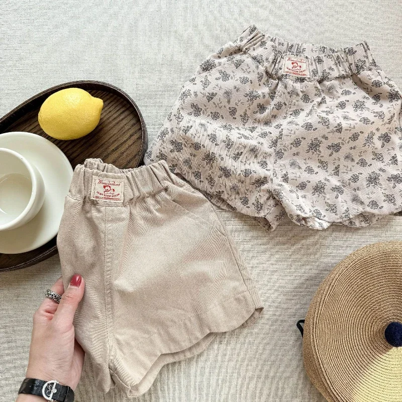 

2025 Summer New Girls' Washed Fabric with Floral Patterns Printed All Over Elastic Waist Shorts