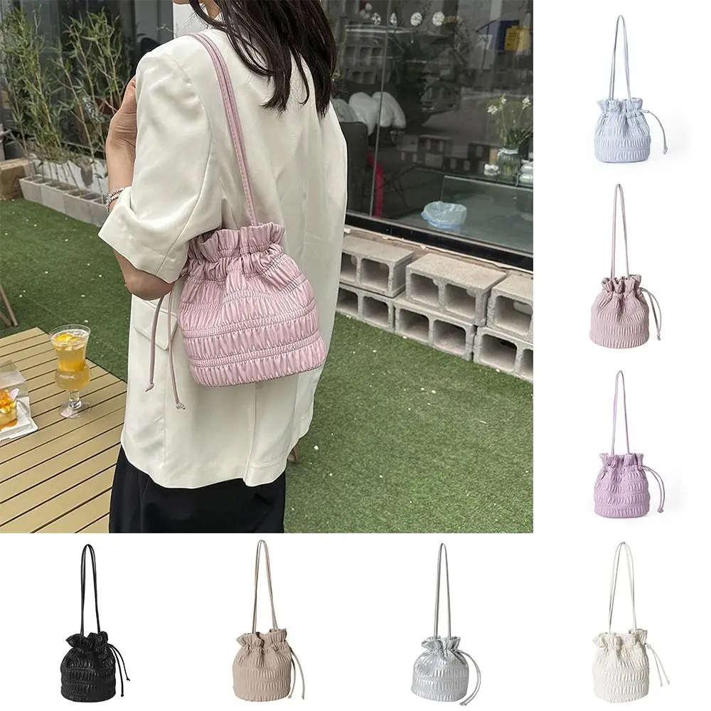 

Korean Style Pleated Bucket Bag Solid Color Niche Design Drawstring Handbags Underarm Bag Shoulder Bag Office Worker