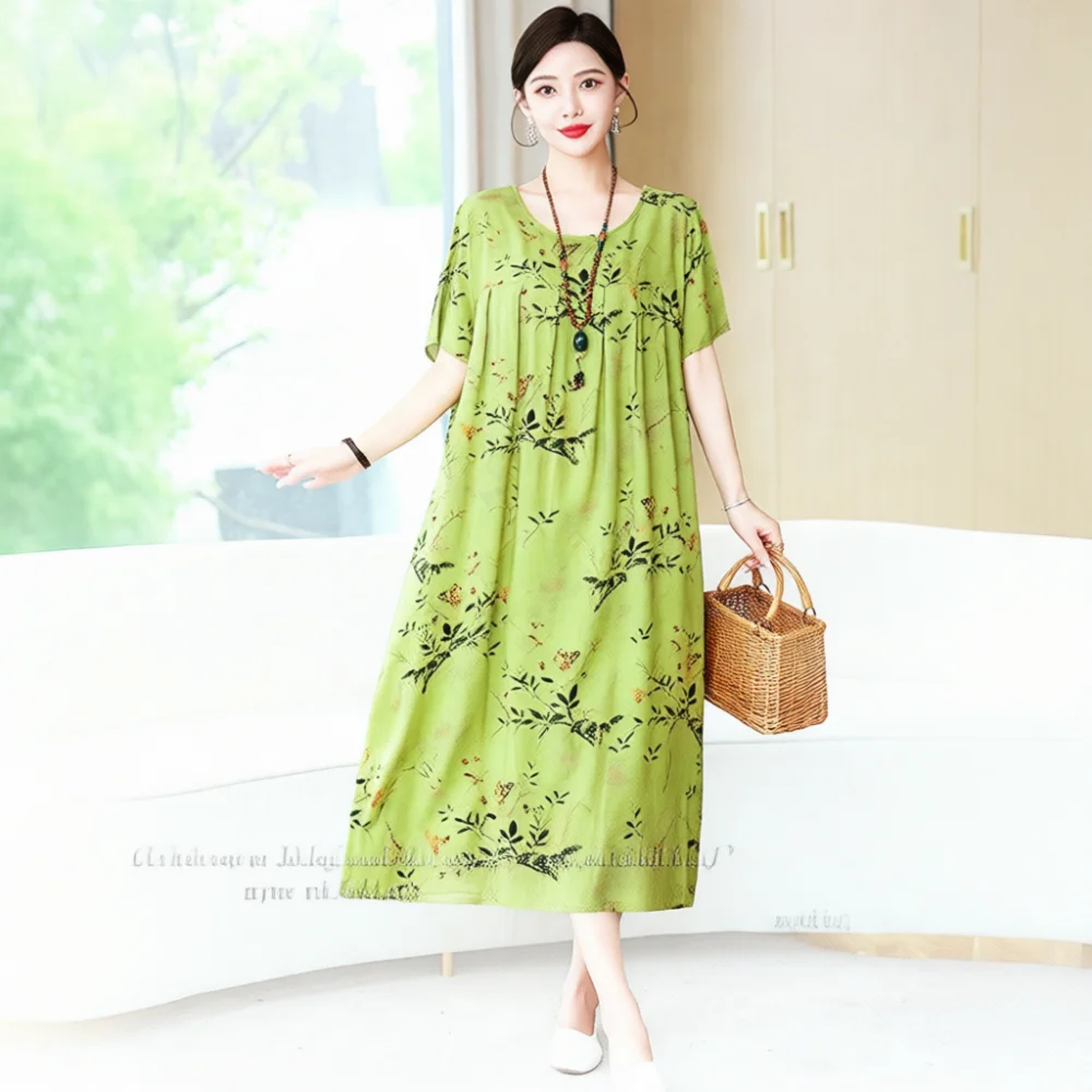 Plus Size Summer Dress Women Floral Loose Fit Cotton Blend Dresses Elegant O Neck Short Sleeve Soft Casual Daily Holiday Gown